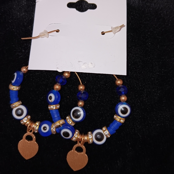 Blossom~Evil Eye Beaded Lightweight Blue and Gold Hoop Earrings NWT - Picture 2 of 8
